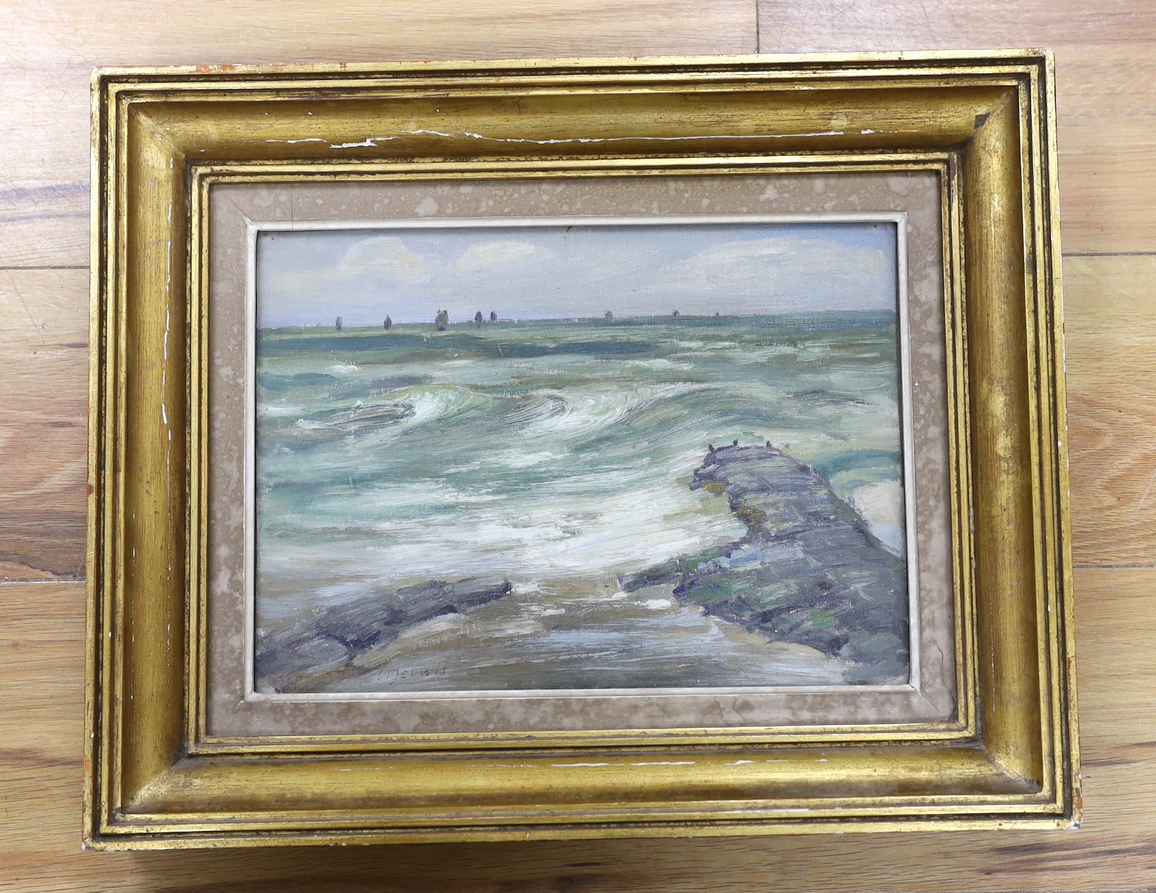 Henri Meuwis (Belgian, 1870-1935), oil on board, seascape, signed, Brussels label verso, 23 x 32cm